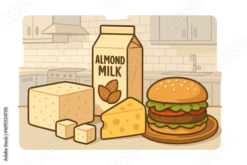 Plant-based diet vector cartoon concept. Vegan food assortment with almond milk, tofu, veggie burger, and dairy-free cheese. Healthy vegetarian lifestyle illustration.