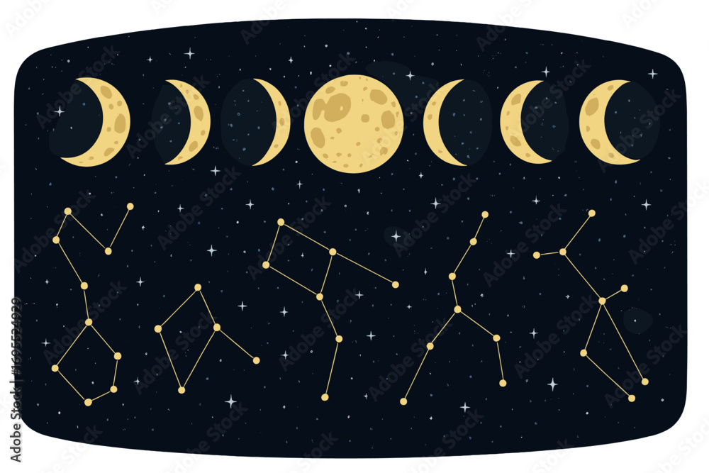 Naklejka premium Moon phases and constellations vector set. Astronomy science collection. Lunar cycle, full moon, crescent. Astrology, esoteric, spiritual symbols on a starry night sky.