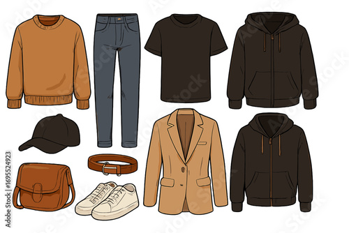Men's fashion clothing set and accessories. Vector flat lay illustration of a capsule wardrobe. Casual outfit grid with sweater, jeans, hoodie, blazer and sneakers for a stylish look.