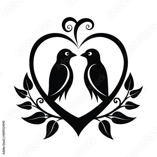 Elegant black silhouette of two birds facing each other within a decorative heart frame adorned with swirling vines and leaves symbolizing love and companionship