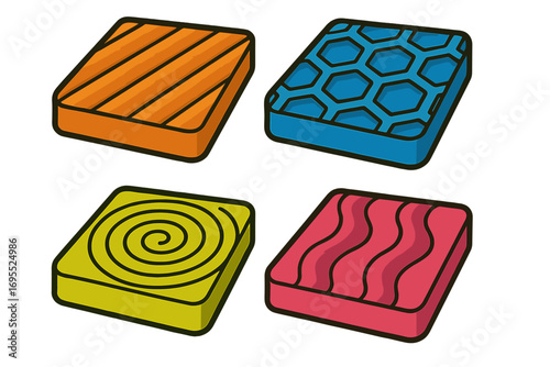 Colorful 3D printed texture swatches. Set of diverse infill patterns for creative projects. Vector material samples with honeycomb, spiral, wave, and line designs. Prototyping.