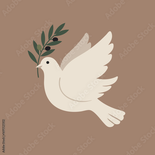A white dove carrying an olive branch, a symbol of peace and serenity, on a brown background.