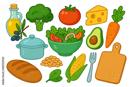 Set of fresh healthy food and kitchen utensils for cooking. Vector cartoon icons of vegetables, salad, cheese, and bread. Grocery ingredients for a healthy diet meal.