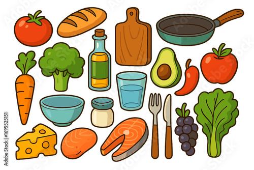 Vector cartoon set of healthy food icons. Fresh vegetables, fruits, fish, and kitchenware for cooking. Nutrition, diet, and meal prep concept. Isolated on white background.