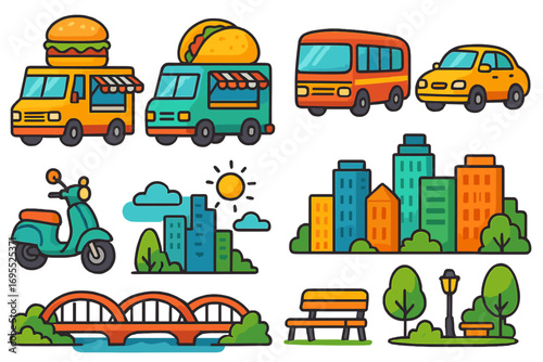 City life icon set with food trucks, bus, and car. Urban transport and cityscape elements. Vector cartoon illustration of street food, park, bridge, and buildings for design.