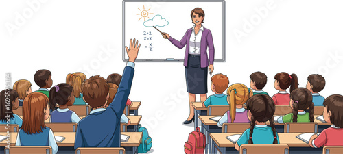 Teacher explaining lesson, students raising hands, classroom learning environment, children studying, school education, interactive teaching, academic knowledge sharing, classroom participation 