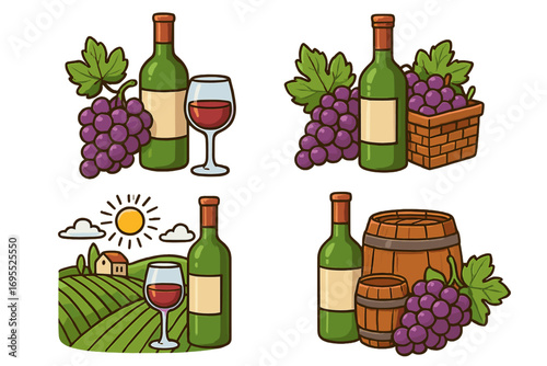 Wine illustration set. Cartoon vector collection with red wine bottle, glass, grapes, vineyard landscape, and barrel. Ideal for winery, bar menu, wine tasting event.