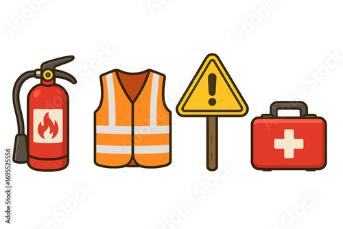 Construction safety equipment collection. Set of vector icons with fire extinguisher, safety vest, warning sign, and first aid kit for workplace protection and emergency response.