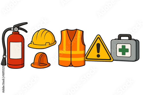 Construction safety equipment collection. Vector cartoon icons for workplace safety. Personal protective equipment (PPE), hard hat, safety vest, first aid kit, warning sign.