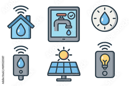Smart home icon collection for water management, energy efficiency. Vector symbols for eco-friendly technology. Solar panel, smart meter, light control, water usage concepts.