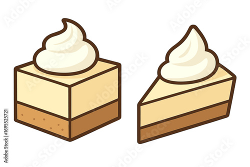 Cheesecake slice and square piece with whipped cream topping. Vector cartoon illustration of layered dessert with graham cracker crust. Sweet food, pastry, cake icon set.