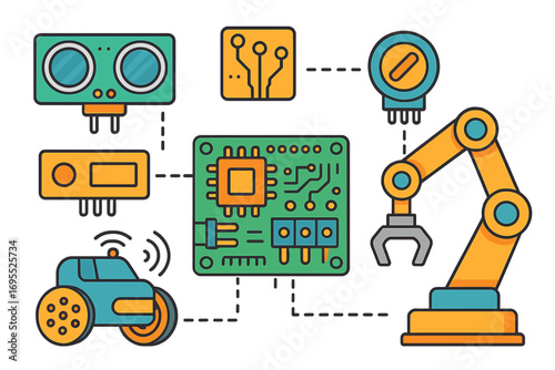 Robotics engineering concept. Diagram illustrating robotic components for automated systems. Includes robot arm, sensors, and microcontroller circuit board. Vector icon set.