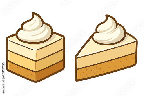 Two cheesecake slices illustration. Layered dessert with graham cracker crust and whipped cream. Vector cartoon food icon for bakery, cafe menu. Sweet pastry portion.