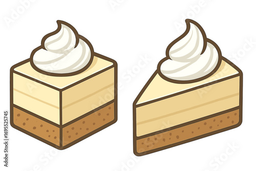 Vector cartoon icon set of cheesecake slice and square piece with whipped cream. Delicious layered dessert with graham cracker crust for bakery menu or pastry shop design.