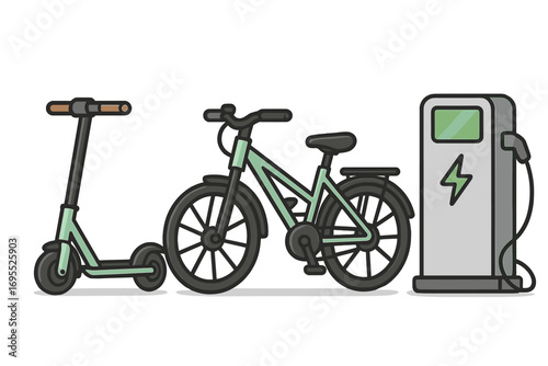 Electric mobility set with e-scooter, e-bike, and charging station. Green urban transport for city travel. Eco-friendly sustainable transportation vector cartoon illustration.