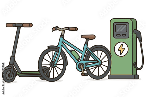 Electric mobility concept with e-scooter and e-bike at a charging station. Urban eco friendly transport. Green energy vehicle set. Vector cartoon illustration for city travel.