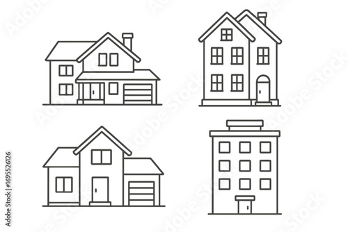 House icon set. Real estate and property line art symbols. Home and building outline collection for web design. Modern architecture vector illustration. Apartment, residential.