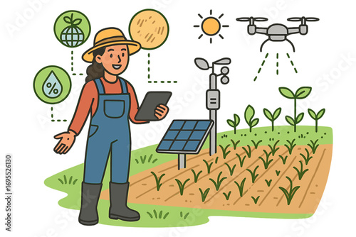 Smart farming technology vector concept. Farmer with tablet manages crops using a drone, solar power, and data. Sustainable agriculture for environmental monitoring illustration.