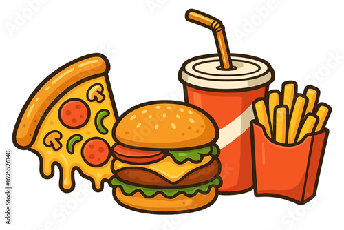 Fast food meal combo with pizza, cheeseburger, french fries, and soda. Vector cartoon illustration for restaurant menu, takeaway, or delivery. Unhealthy junk food concept.