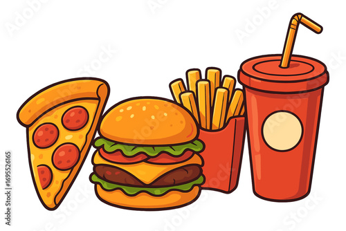 Fast food combo meal with pizza, burger, fries, and soda. Cartoon vector illustration of junk food set. Unhealthy eating concept for takeaway menu icon or restaurant diner graphic.