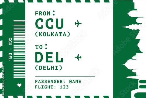 Kolkata - Delhi, India domestic flight, luggage tag, boarding pass card. Vector illustration layout for infographic, postcard, sticker, print, promo with cities skylines
