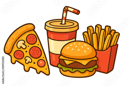 Fast food combo meal with pizza slice, burger, french fries, and soda drink. Vector cartoon illustration for menu, junk food concept. Colorful graphic set isolated.