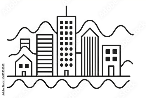 Urban architecture city skyline line art. Minimalist vector illustration of buildings with abstract waveforms. Concept for real estate, business, data, sound, and city life.