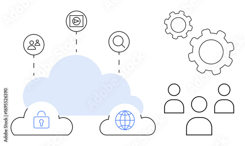 Cloud symbols with lock, globe, and user icons connected by dots. Gear and people icons depict collaboration, security, innovation. Ideal for teamwork, IT, globalization technology efficiency