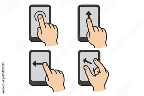 Set of touch screen hand gestures for smartphone. User interface navigation icons. Tap, swipe up, swipe left, pinch to zoom. Vector cartoon illustration for UI UX guide.