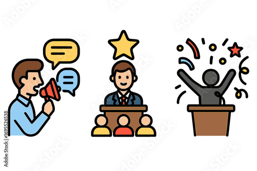 Public speaking icon set. Communication with megaphone. Leadership at conference. Business presentation. Celebration and success. Winner at lectern. Event speaker cartoon vector.