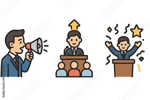 Business icon set communication leadership success. Man with megaphone, speaker at lectern, winner celebration. Professional public event, presentation, career growth concept vector.
