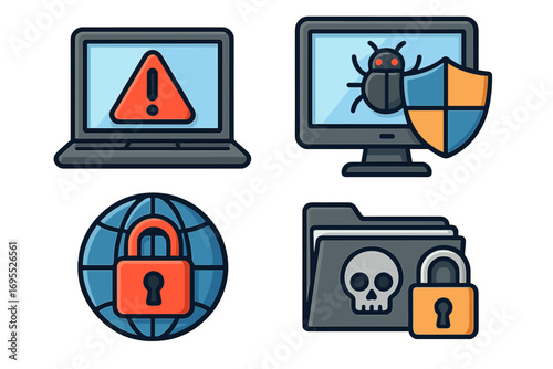 Cybersecurity icon set. Cybercrime threat and protection symbols. Internet security concept. Antivirus shield, malware bug, hacker skull, global lock, warning alert.