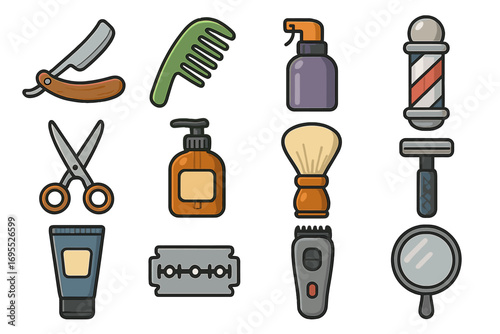 Barbershop icon collection. Hair salon grooming tools. Vector icons for haircut, shave, styling. Hairdresser equipment symbols. Men's personal care products illustration.