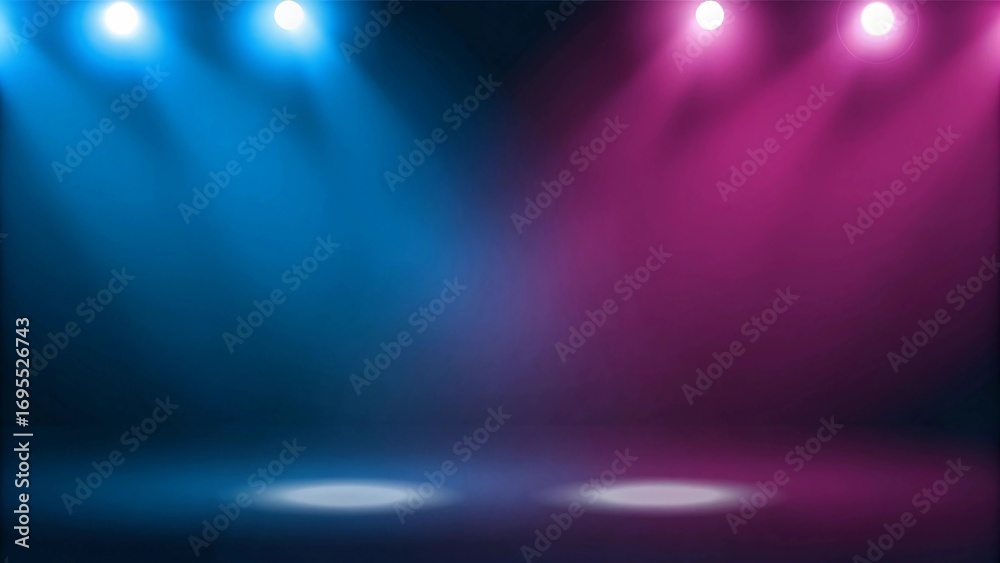 Obraz premium Dramatic Empty Stage with Two-Toned Blue and Pink Spotlights. Theatrical Versus Background for Shows and Events.