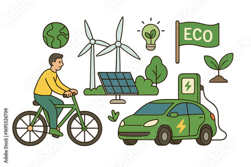 Sustainable transport, renewable energy sources, environmental initiatives for greener future. Vector cartoon set with electric car, bicycle, solar panel, wind turbine, eco icon.