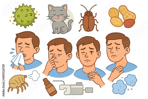 Allergy symptoms and triggers icon set. Man with hay fever, sneezing, runny nose, skin rash. Allergic reaction to cat, pollen, dust mite, peanut food. Medical health vector.