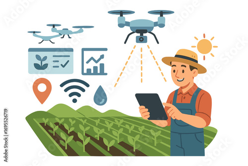 Smart agriculture technology concept. Farmer with tablet controls drone over field. Precision farming, crop monitoring, and data analytics. Agritech innovation vector cartoon.