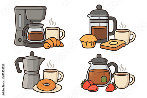 Coffee and tea brewing methods vector icon set. Breakfast food and drink cartoon illustrations. Drip machine, french press, moka pot, teapot, croissant, muffin, toast, bagel.