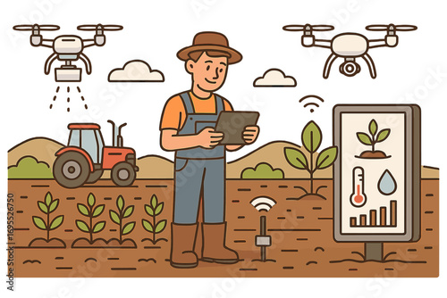 Smart farming technology vector illustration. Farmer with tablet controls agricultural drones for precision irrigation and crop monitoring. Concept for agritech innovation.