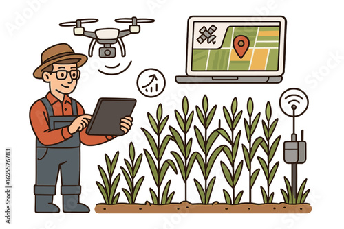 Smart farming technology concept. Farmer using drone and tablet for crop monitoring and data analysis. Precision agriculture, agritech, and IoT innovation for efficient farming.