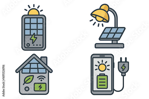 Solar energy icon set. Renewable power concepts for sustainability. Smart home technology with solar panels. Eco friendly house, phone charger, lamp and power bank vector.
