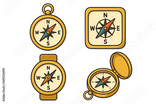 Compass collection vector set for navigation and exploration. Various styles including classic, watch, and pocket compass. Adventure, travel, and direction concepts. Cartoon icon.
