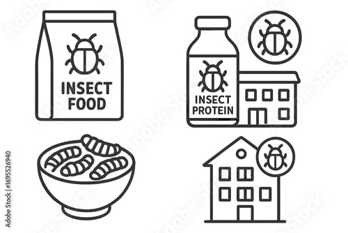 Insect food icon set. Edible insects as a sustainable and alternative protein source. Future food concept. Entomophagy. Insect farming, production and products. Vector line.