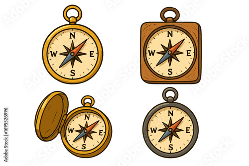 Compass vector set cartoon illustration. Retro navigation tool for travel, adventure, exploration. Directional magnetic symbol with north, south, east, west. Vintage discovery.