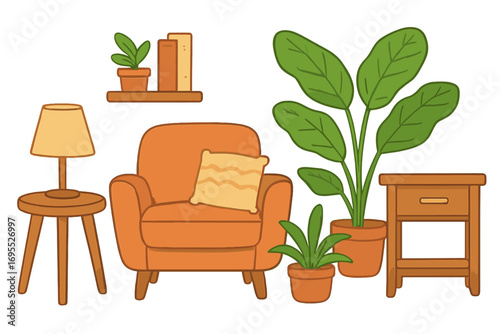 Cozy living room furniture set for interior design. Vector cartoon illustration of armchair, lamp, table, plants and books. Home decor elements for a comfortable hygge lifestyle.