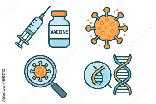 Medical icons for vaccination, virus research, and genetics. Syringe, vaccine vial, coronavirus, and DNA analysis with magnifying glass. Vector illustration for science.
