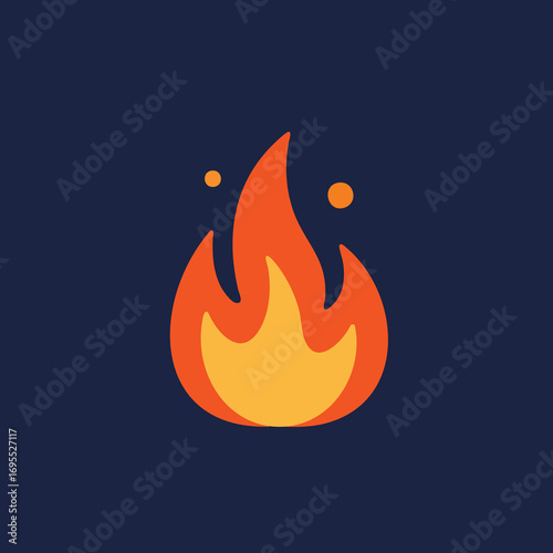 A stylized, cartoonish depiction of a bright orange and yellow flame with two small orange sparks against a dark blue background.