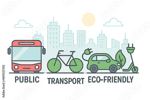Public and eco-friendly transport concept. Urban mobility with bus, bicycle, electric car and scooter icons. Green energy and sustainable city life vector illustration banner.