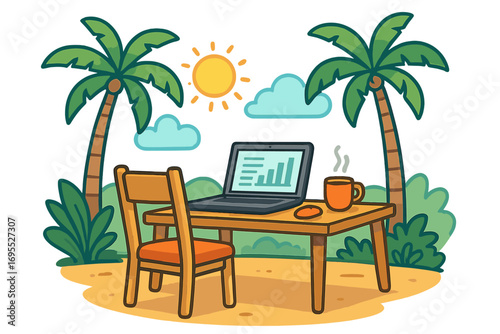 Remote work concept. Digital nomad lifestyle with laptop on a tropical beach. Freelance office with a sea view. Business productivity and work-life balance cartoon illustration.