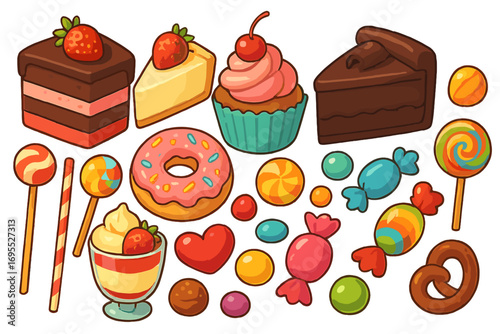 Sweet dessert & candy set. Colorful vector cartoon collection of delicious cakes, cupcake, donut, lollipops & chocolate treats. Isolated food illustration for pastry lovers.